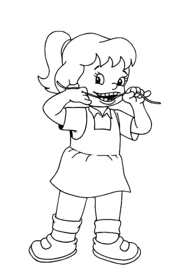 Menina sorrindo usa fio dental: desenho para colorir sobre higiene bucal.