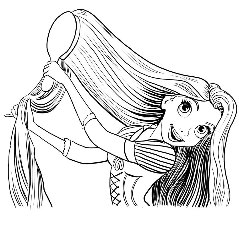 Desenho para colorir: menina penteando os longos cabelos