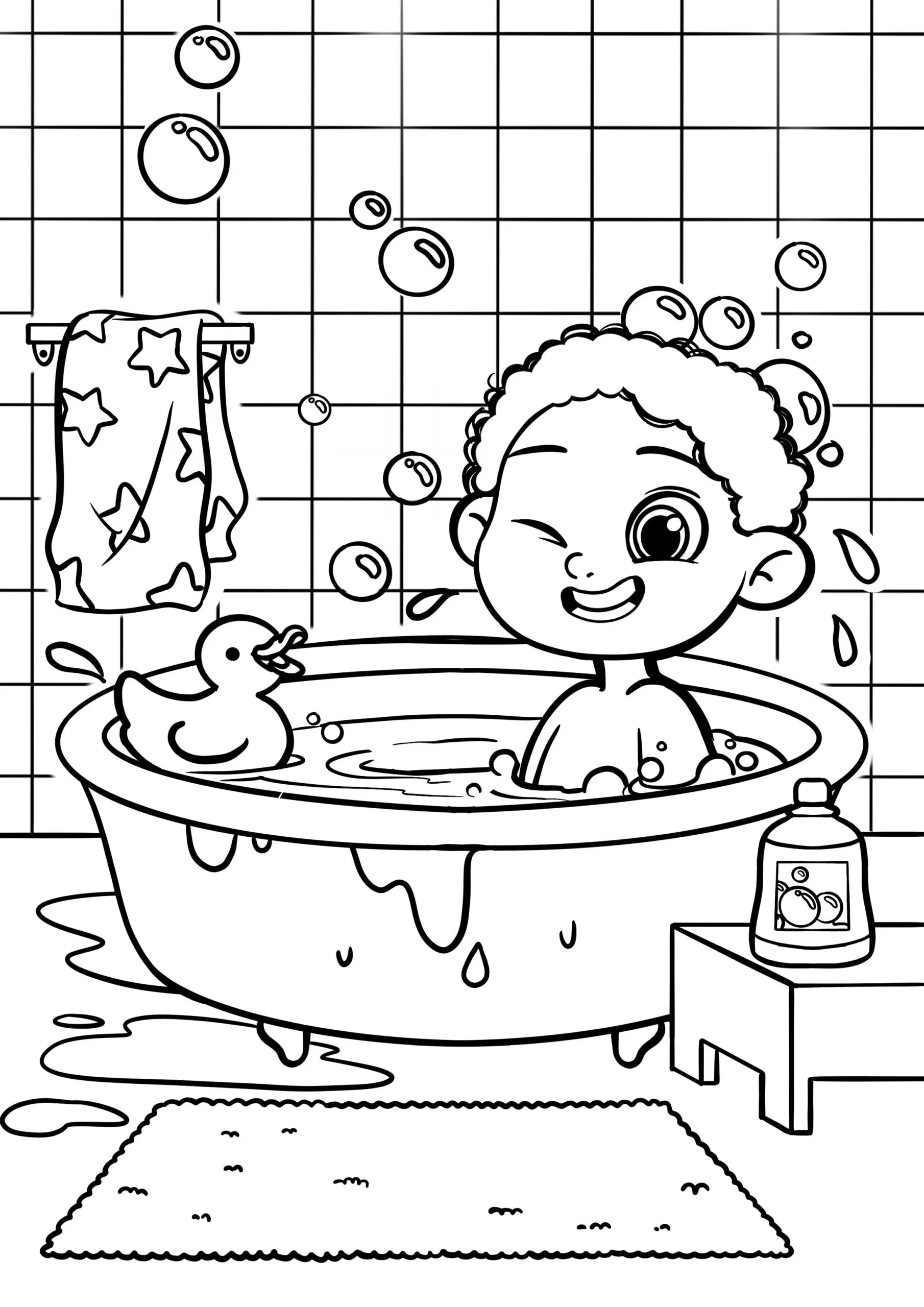 Garoto feliz tomando banho em banheira com bolhas. Desenho de hábitos de higiene para colorir.
