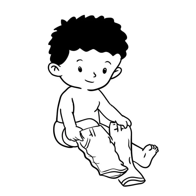 Criança sorrindo veste roupas limpas, desenho para colorir sobre higiene pessoal.