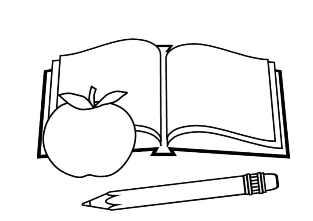 Desenho de livro, maçã e lápis para colorir. Material escolar para atividades criativas.