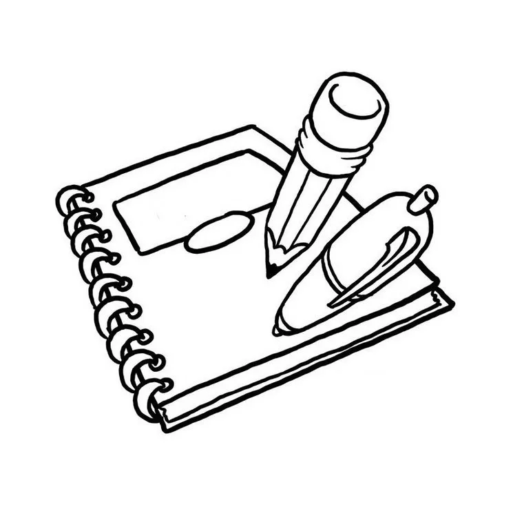 Caderno com caneta e lápis para colorir. Desenho de materiais escolares.