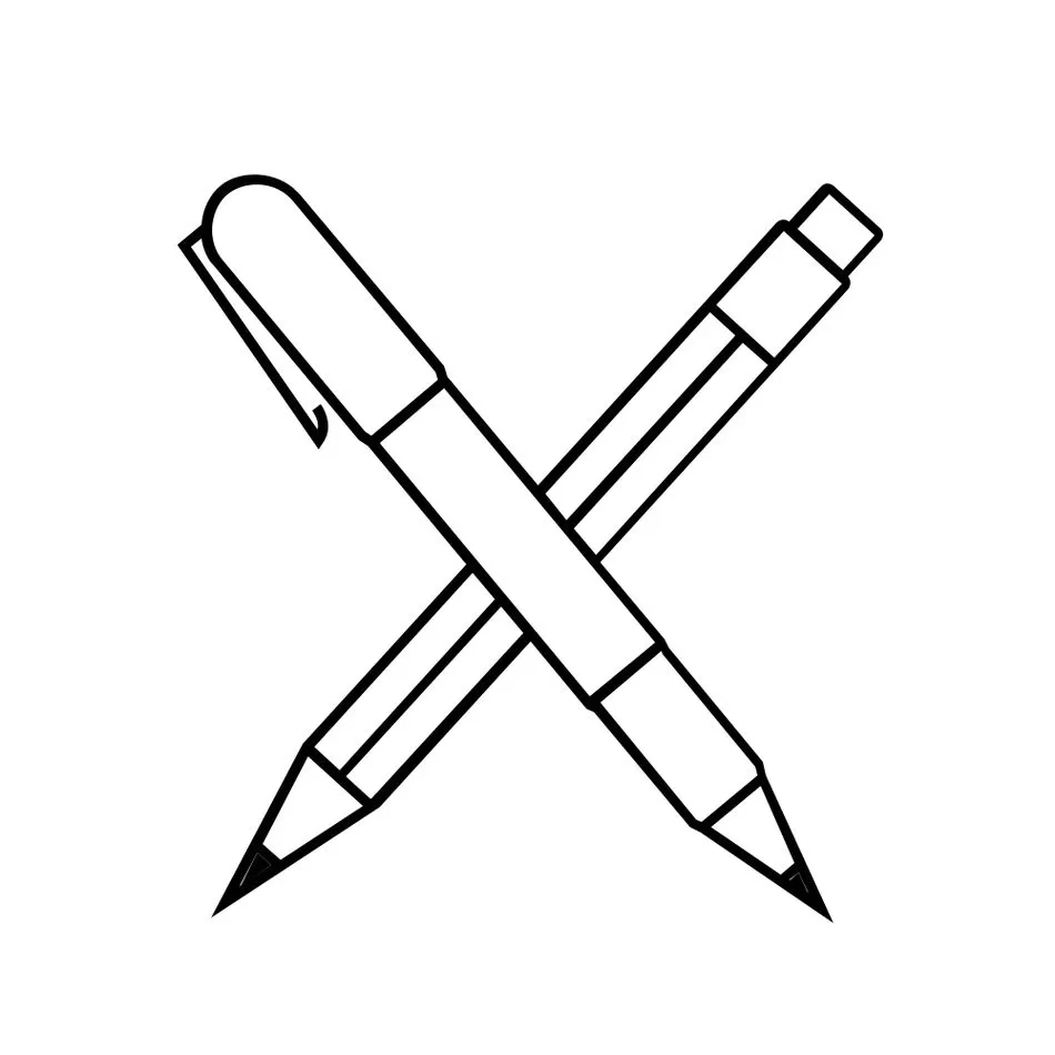 Desenho de caneta e lápis cruzados para colorir. Material escolar em estilo simples.