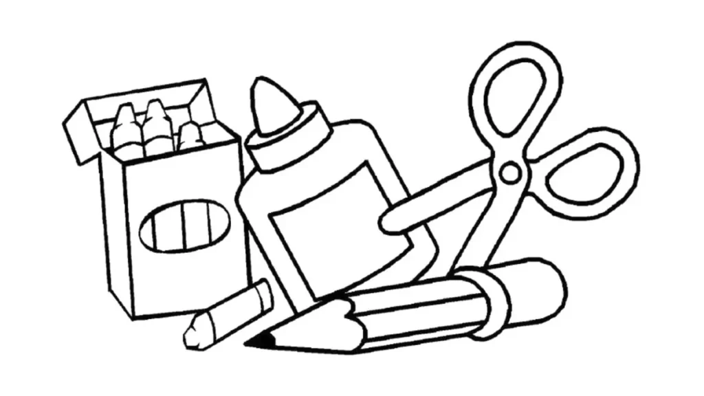 Desenho de materiais escolares: giz de cera, cola, tesoura e lápis prontos para colorir.