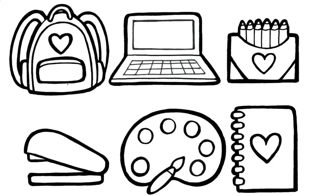 Kit de materiais escolares para colorir: mochila, caderno, estojo, grampeador e paleta de pintura.