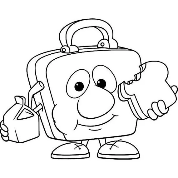 Lancheira animada com rosto, segurando leite e sanduíche, pronta para colorir.