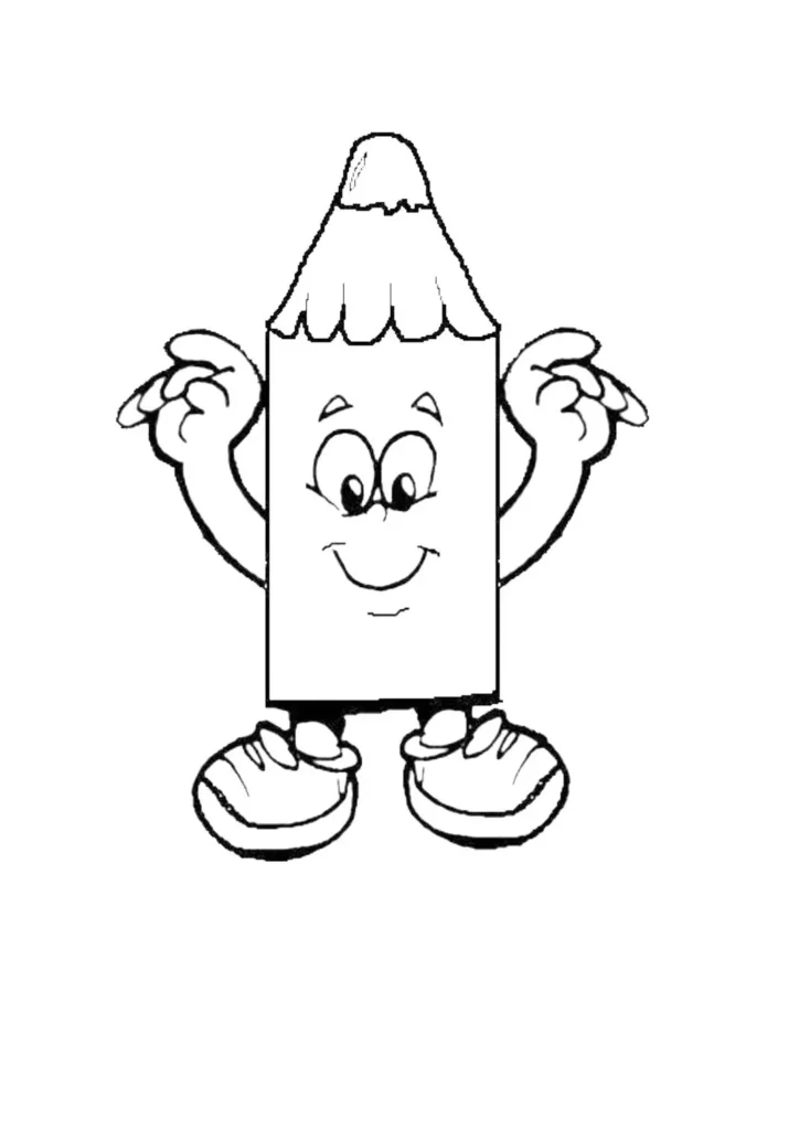 Lápis antropomórfico sorrindo, desenho de material escolar para colorir.