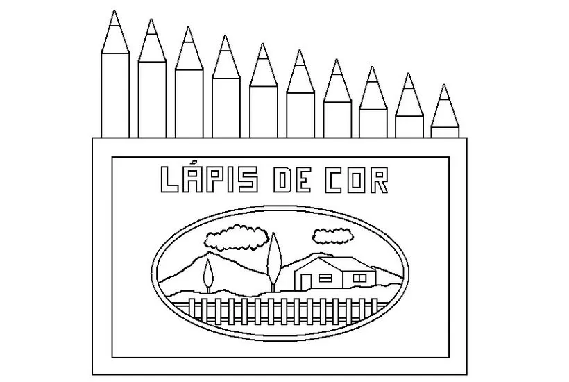 Desenho para colorir de caixa de lápis de cor com cena campestre.