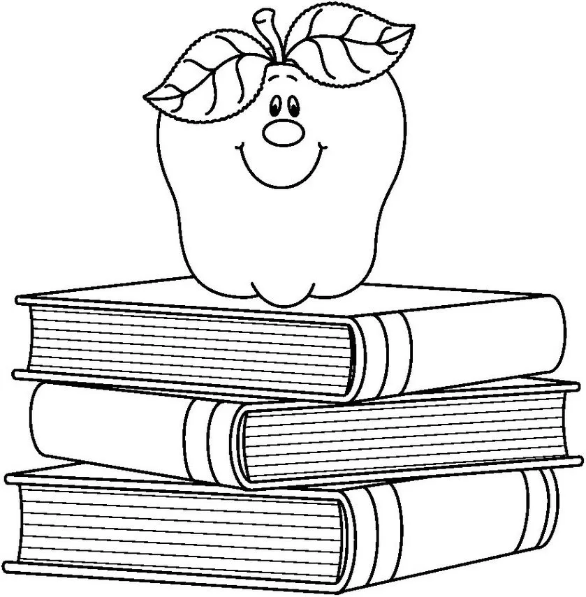 Materiais escolares: pilha de livros e maçã para colorir.