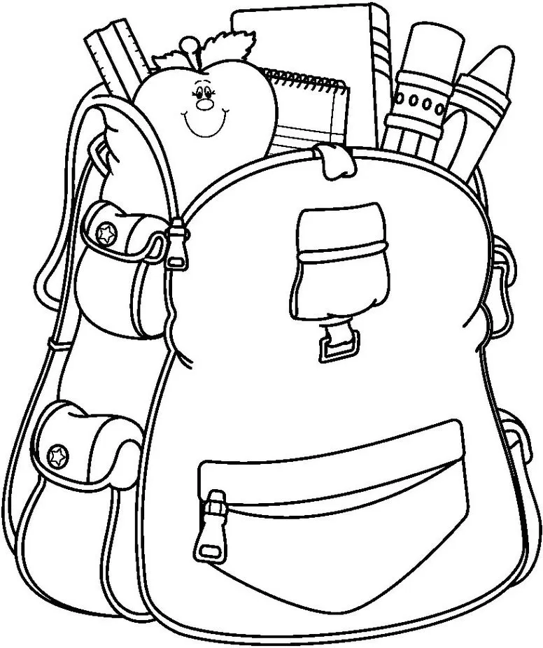 Mochila escolar com materiais para colorir: régua, caderno, lápis, giz e maçã sorridente.