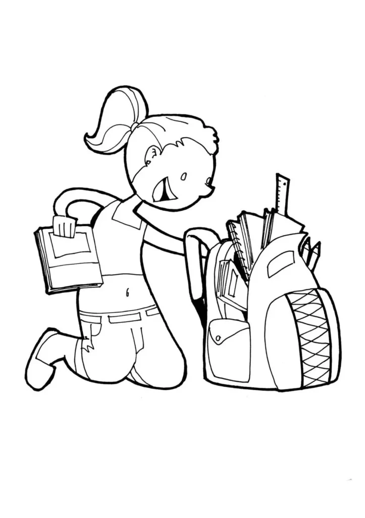 Menina organizando materiais escolares na mochila: desenho para colorir