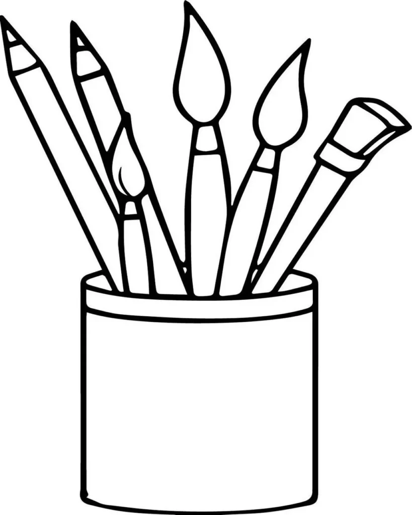 Materiais escolares para colorir: lápis e pincéis em recipiente.