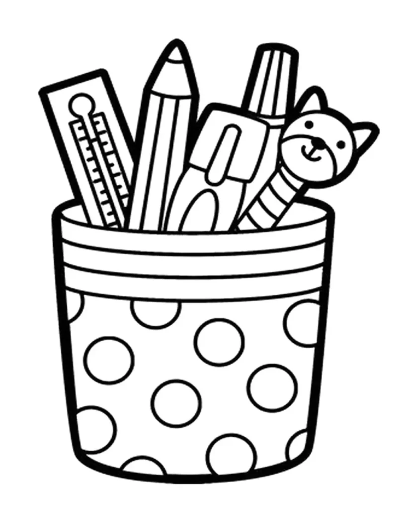Desenho de porta-lápis com materiais escolares para colorir: régua, lápis, caneta e figura de gato.