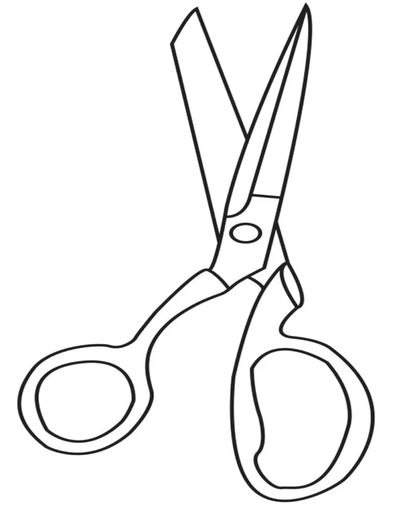 Tesoura escolar para colorir: desenho simples de instrumento de corte.
