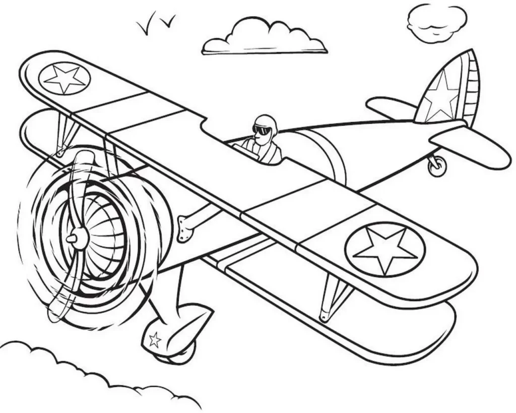 Desenhos de Transportes Aéreos para colorir Avião Biplano antigo para colorir com piloto e decoração de estrelas, voando entre nuvens e pássaros.