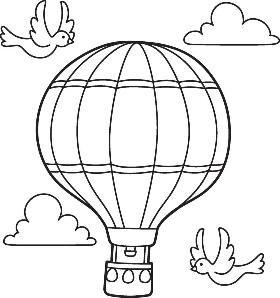 Desenhos de Transportes Aéreos para colorir Balão Desenho de balão de ar quente com aves e nuvens para colorir.