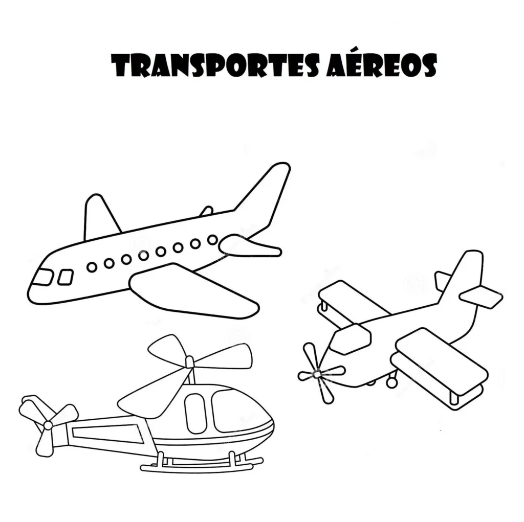 Desenhos de Transportes Aéreos para colorir Meios Aéreos Desenhos de meios de transportes aéreos para colorir: avião, helicóptero e avião com hélice.