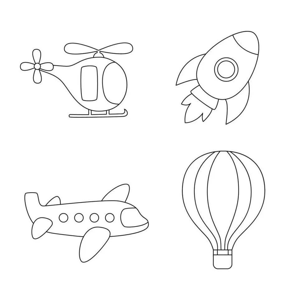 Desenhos de Transportes Aéreos para colorir Vários Desenhos para colorir de helicóptero, foguete, avião e balão de ar quente.