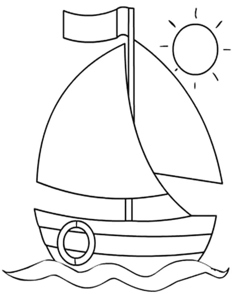 Desenhos de Transportes Aquáticos para colorir Barco Barco à vela em desenho para colorir: transporte aquático com ondas, sol e boia salva-vidas.