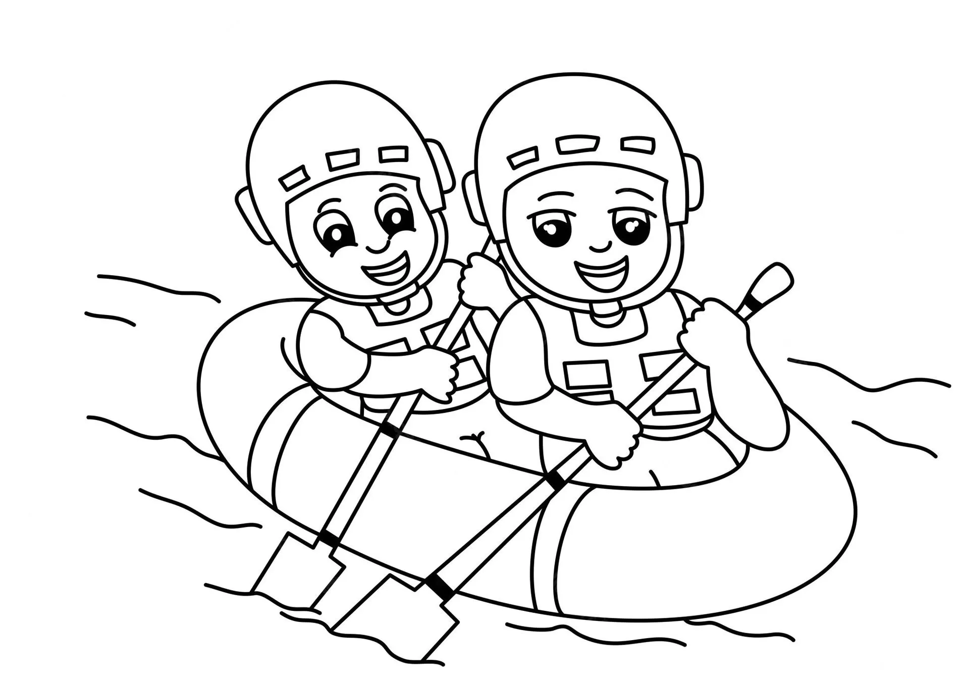 Desenhos de Transportes Aquáticos para colorir Boat Crianças remando em bote inflável: desenho para colorir com foco em segurança aquática.