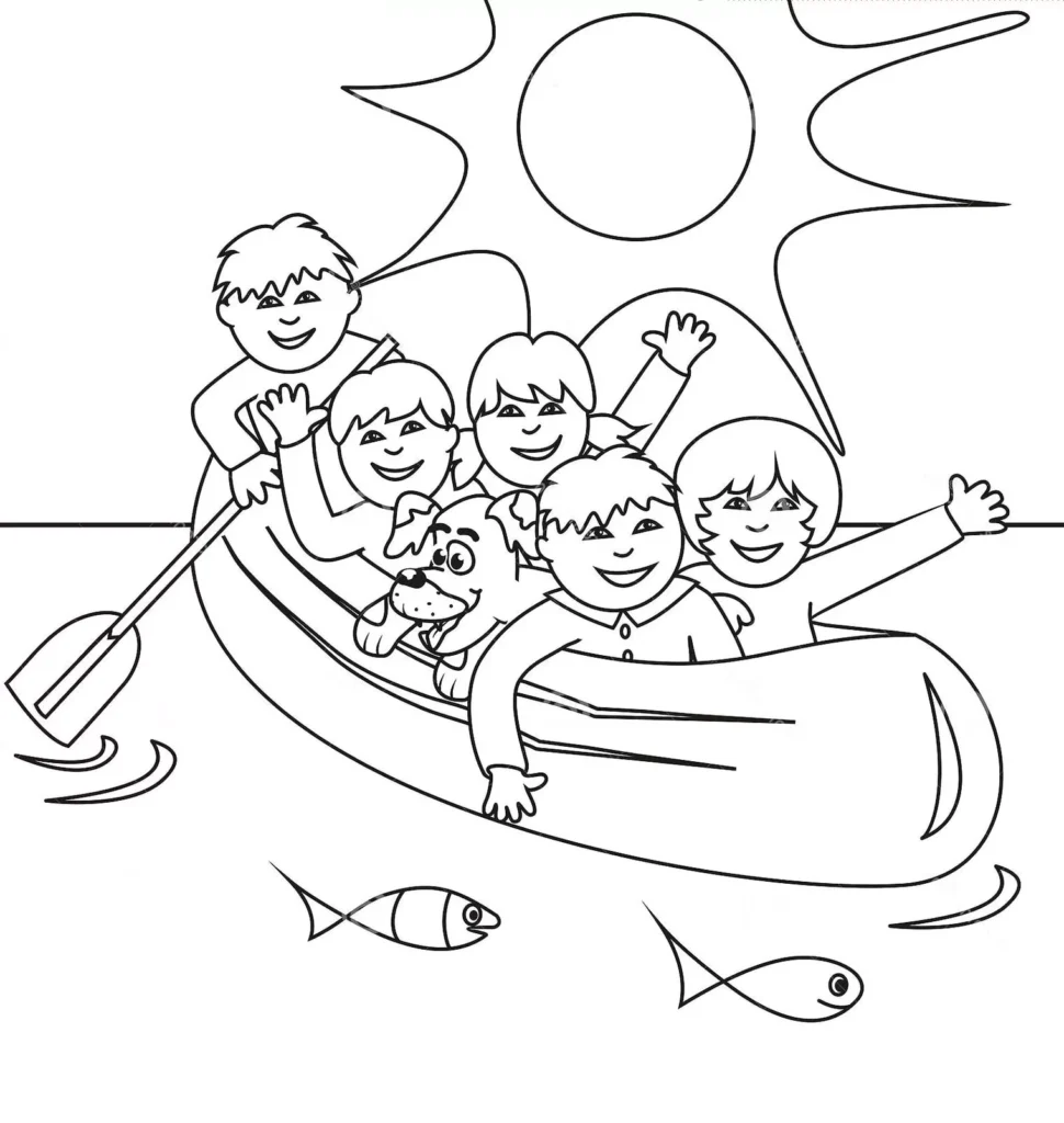 Desenhos de Transportes Aquáticos para colorir Canoa Canoa com pessoas e cachorro sob o sol: Desenho de transporte aquático para colorir.