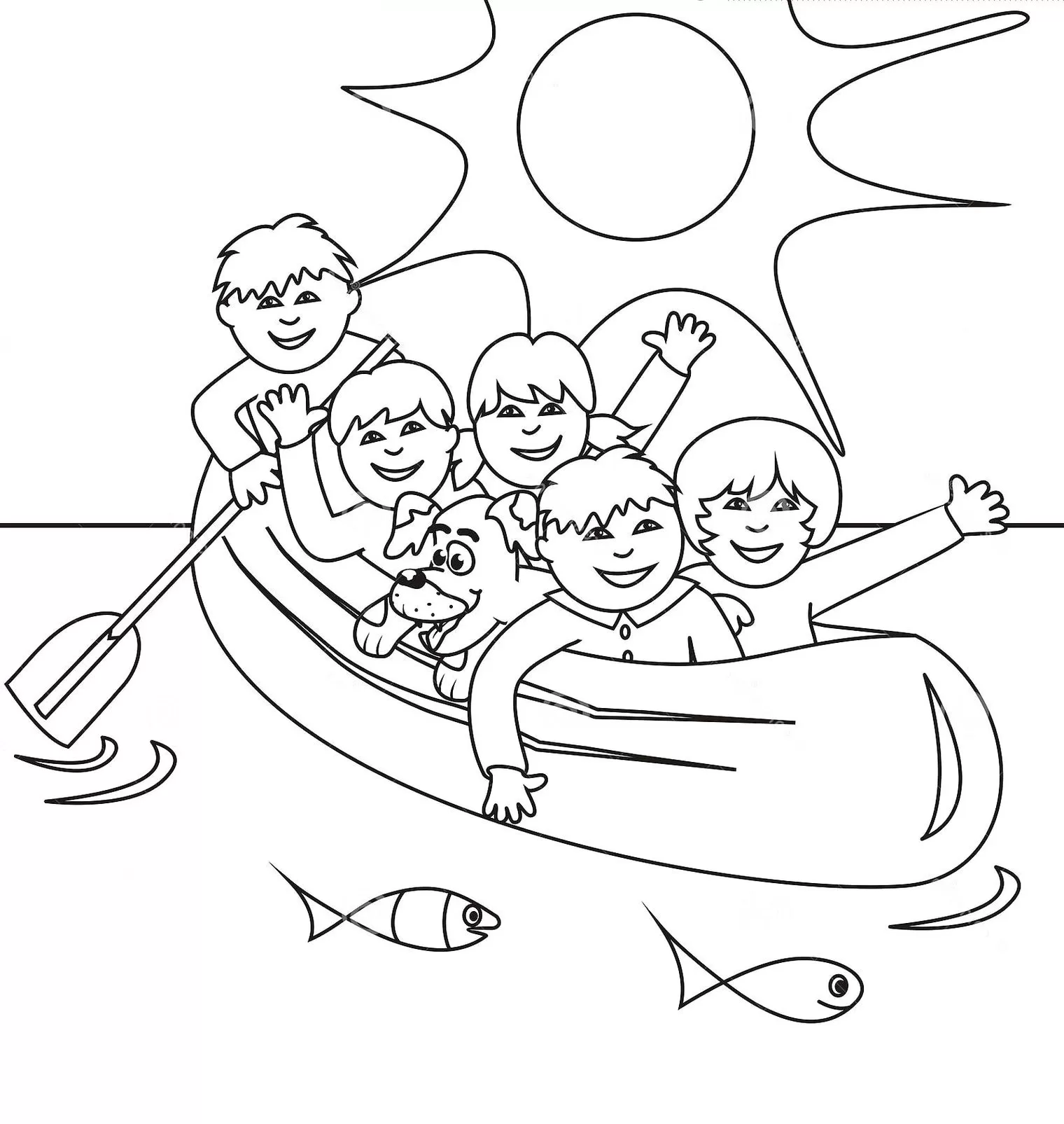 Canoa com pessoas e cachorro sob o sol: Desenho de transporte aquático para colorir.
