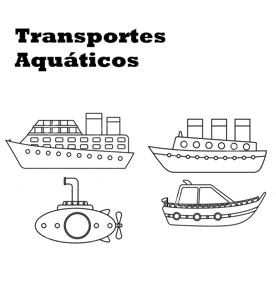 Desenhos de Transportes Aquáticos para colorir Meios Aquáticos Desenho para colorir com diversos meios de transporte aquático: navio de passageiros, navio de carga, submarino e lancha.