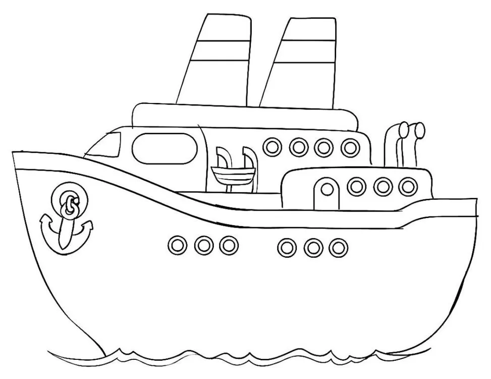 Desenhos de Transportes Aquáticos para colorir Navio Navio de cruzeiro para colorir: desenho divertido de transporte aquático com âncora e chaminés listradas.