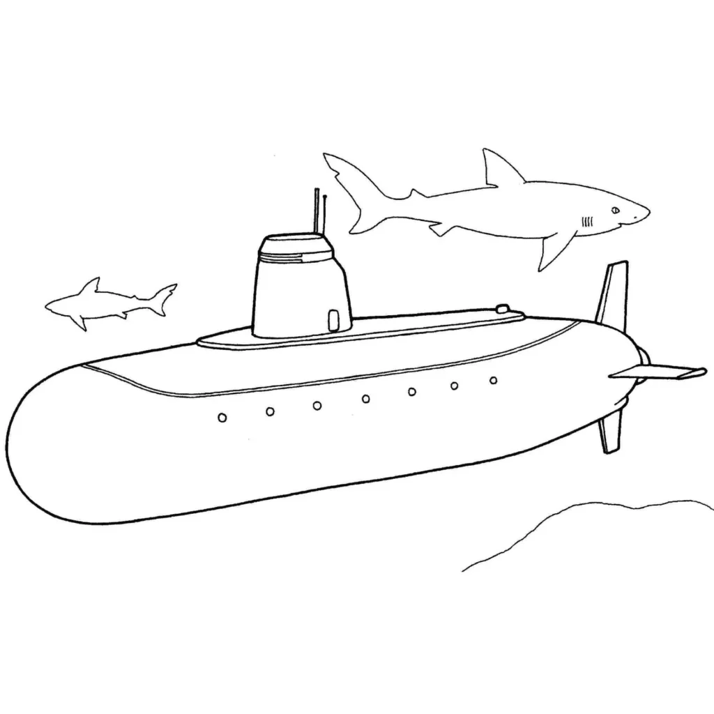 Desenhos de Transportes Aquáticos para colorir Submarino Submarino em cena marinha com tubarões para colorir.