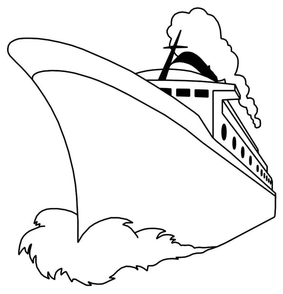 Desenhos de Transportes Aquáticos para colorir Transatlântico Desenho de transatlântico para colorir. Embarcação marítima com chaminé e ondas estilizadas.