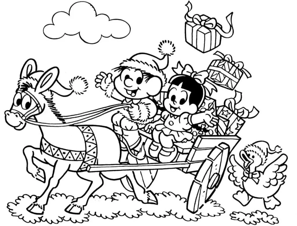 Desenhos de Transportes Terrestres para colorir Carroça Carroça com crianças e presentes puxada por burro, cena festiva para colorir.