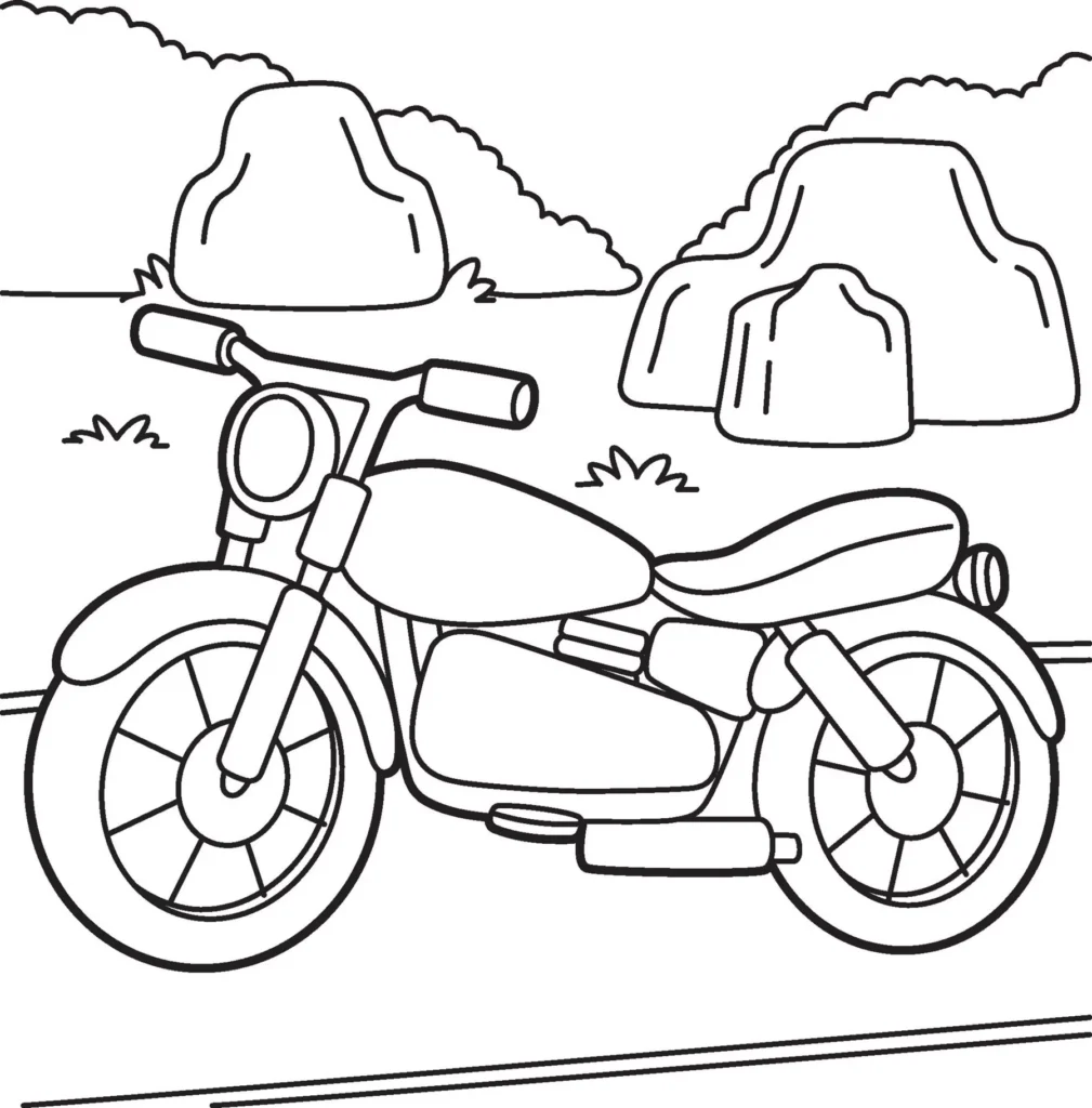 Desenhos de Transportes Terrestres para colorir Moto Motocicleta para colorir em cenário de montanhas. Desenho de transporte terrestre.