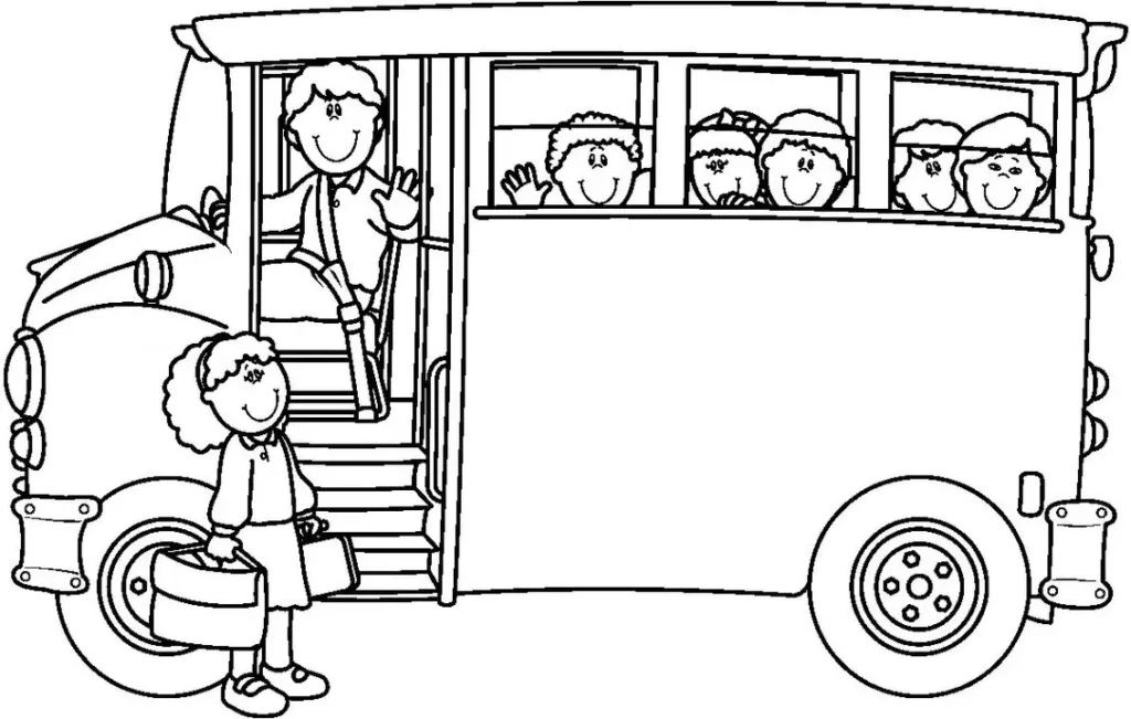 Desenhos de Transportes Terrestres para colorir Ônibus Desenho de ônibus escolar com crianças para colorir. Cena de embarque com menina com malas e menino acenando.