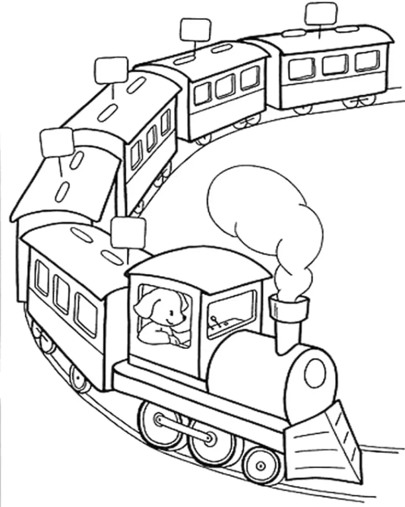 Desenhos de Transportes Terrestres para colorir Trem Trem de brinquedo para colorir: locomotiva puxando vagões em ferrovia, com um bichinho dirigindo e fumaça saindo da chaminé.