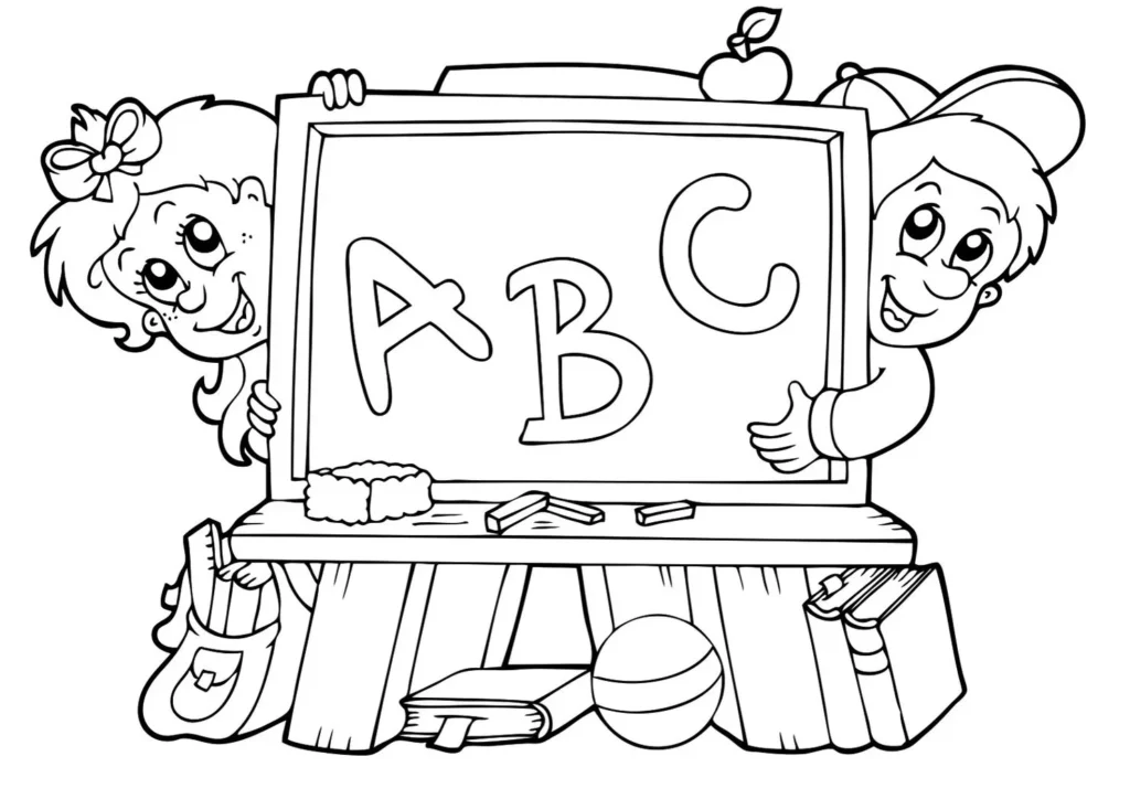 Crianças descobrindo o ABC em desenho escolar para colorir