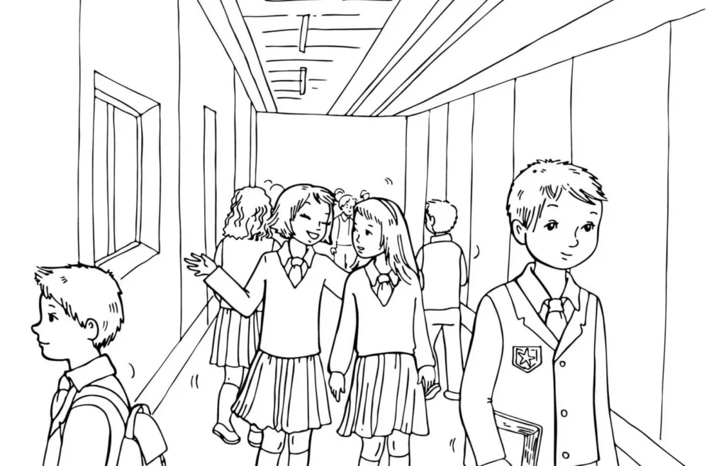 Desenho para colorir: estudantes uniformizados em corredor escolar movimentado.