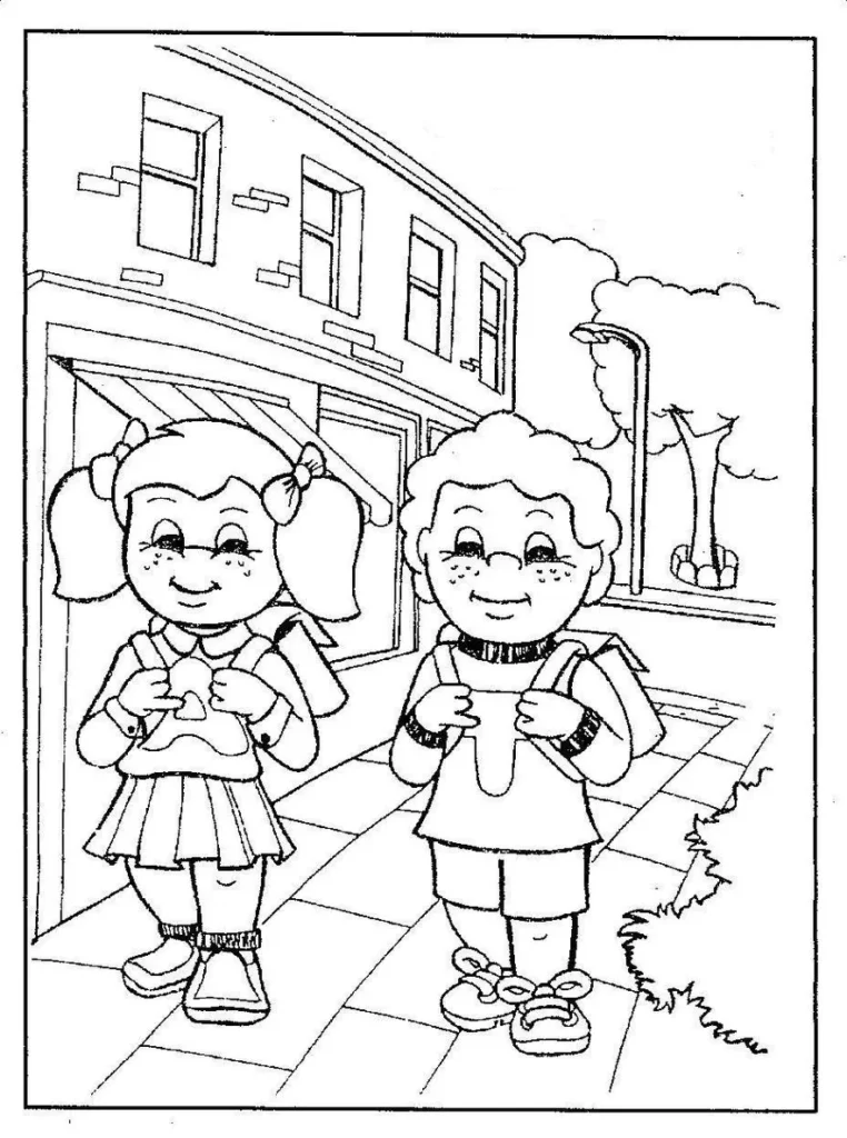 Crianças indo para a escola: desenho para colorir de volta às aulas.