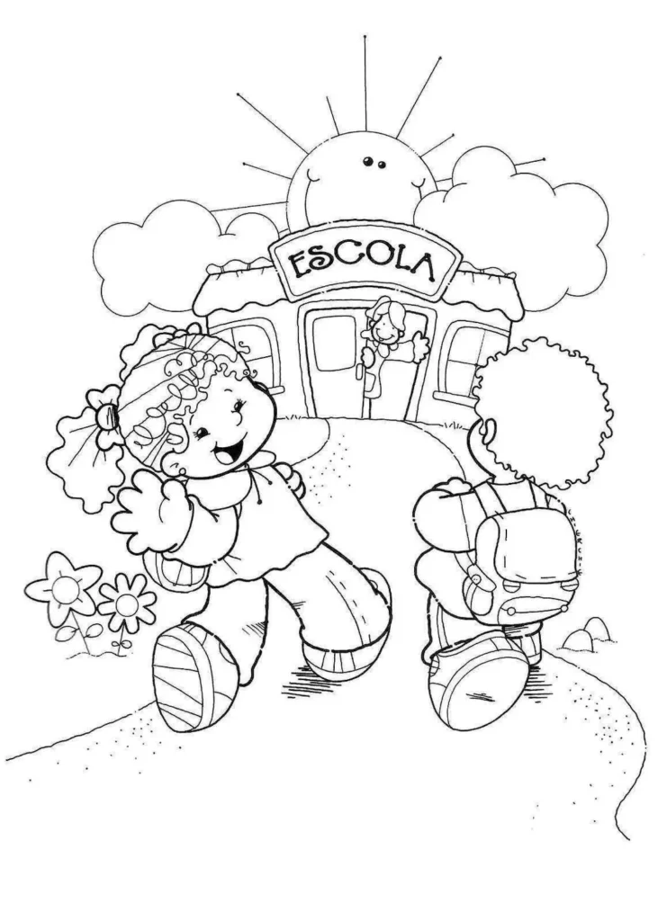 Desenho para colorir: crianças indo para a escola com sol e flores