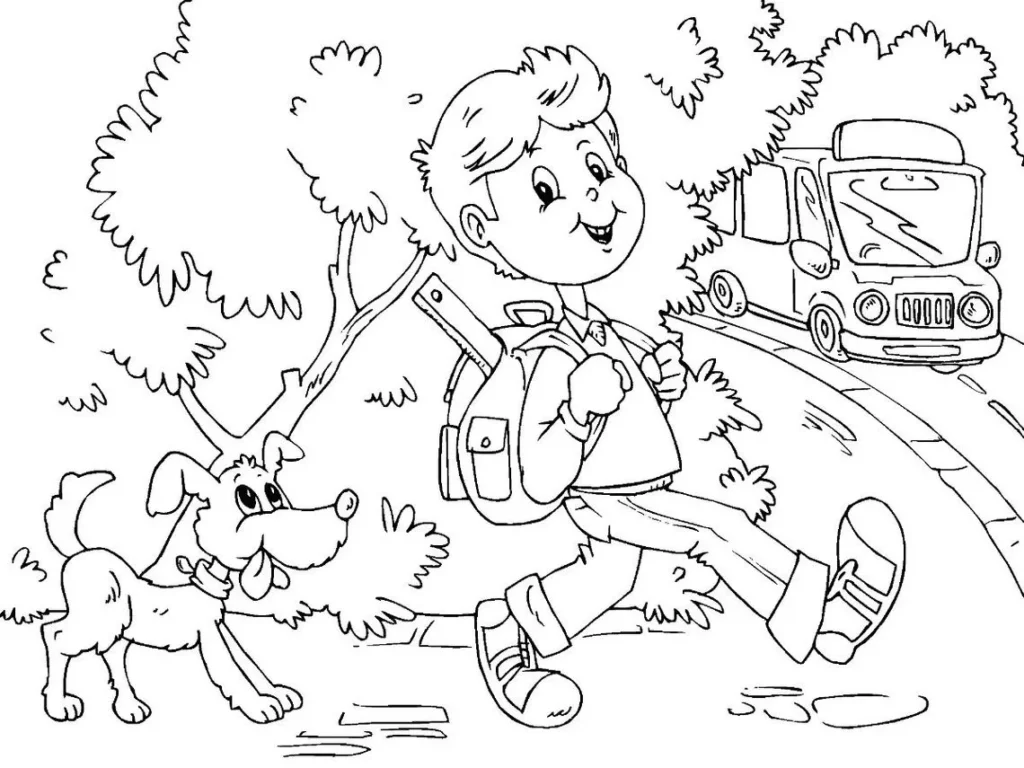 Menino a caminho da escola com cachorro e ônibus escolar para colorir.