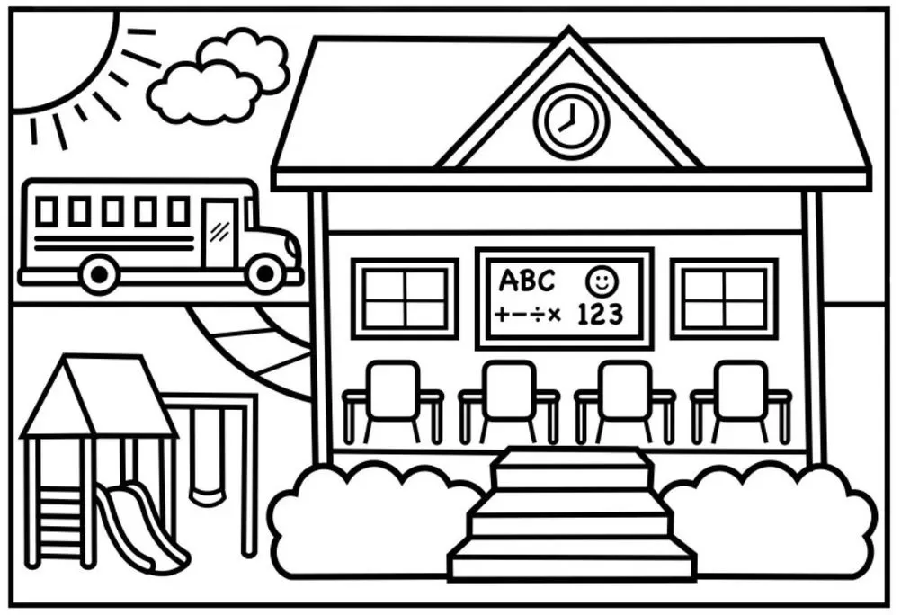 Desenho para colorir do primeiro dia de aula: escola, ônibus, playground e sol.