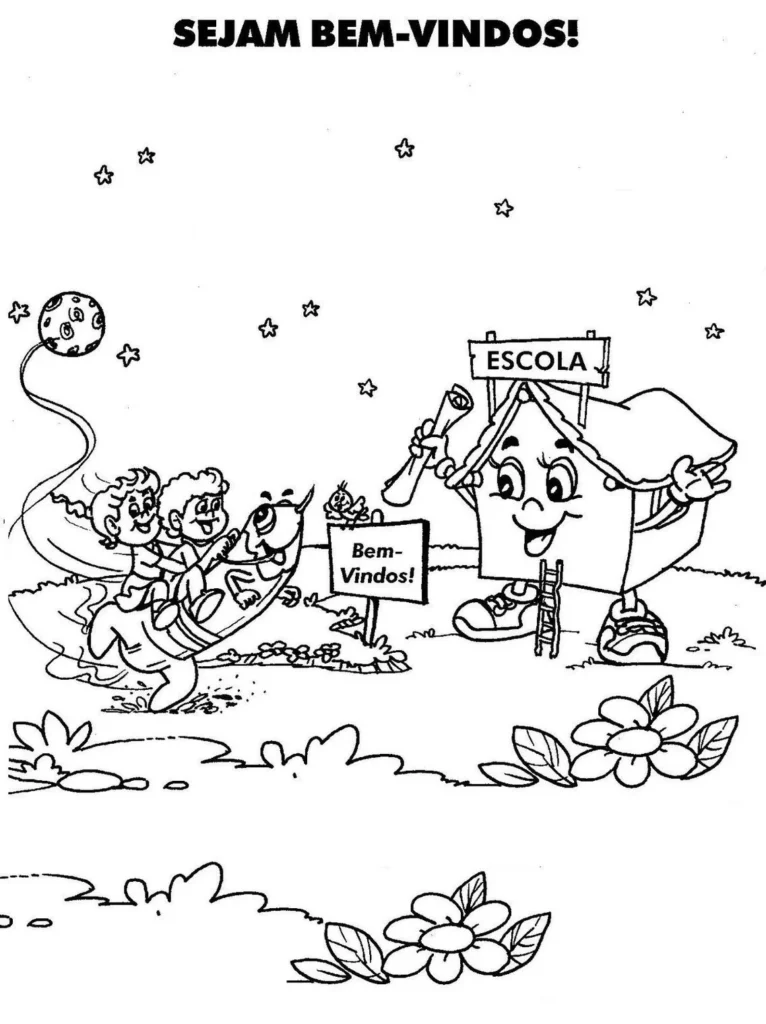 Desenho para colorir com tema 'Sejam Bem-vindos' na escola: crianças, lápis voador e construção animada.