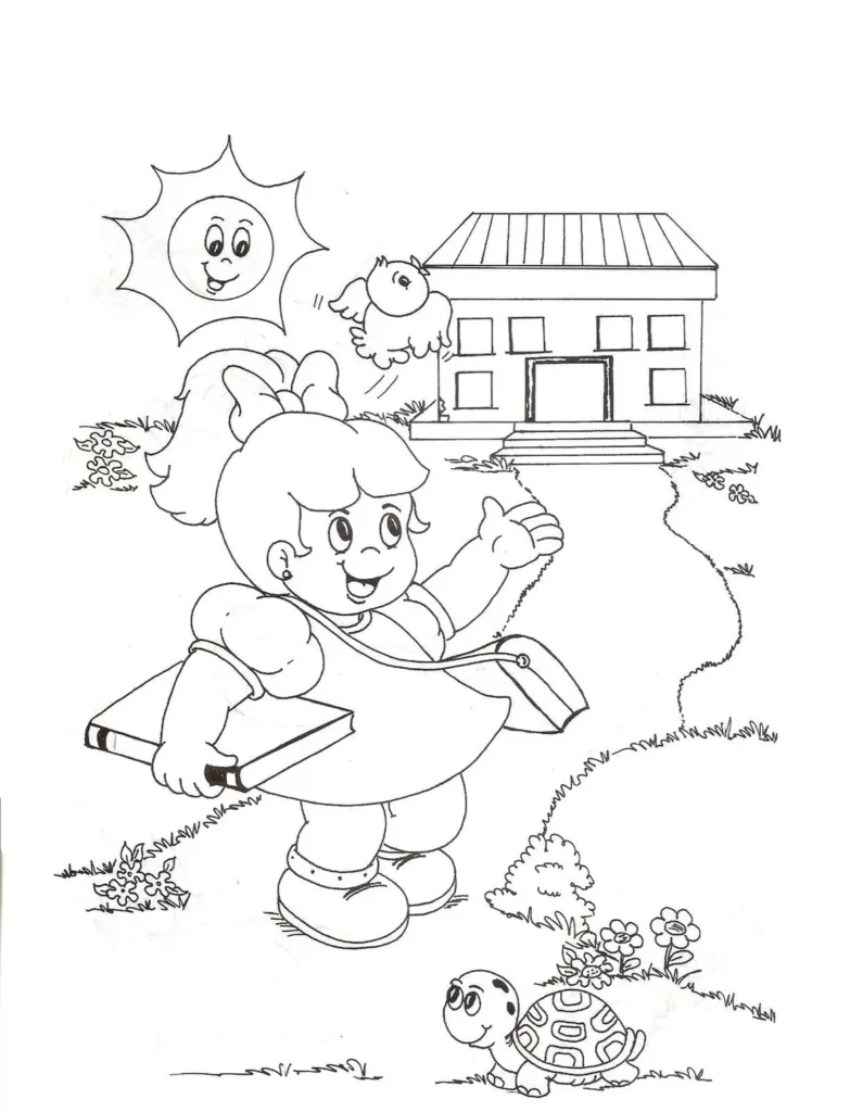 Desenho para colorir: Menina indo à escola com sol sorrindo e tartaruga feliz.