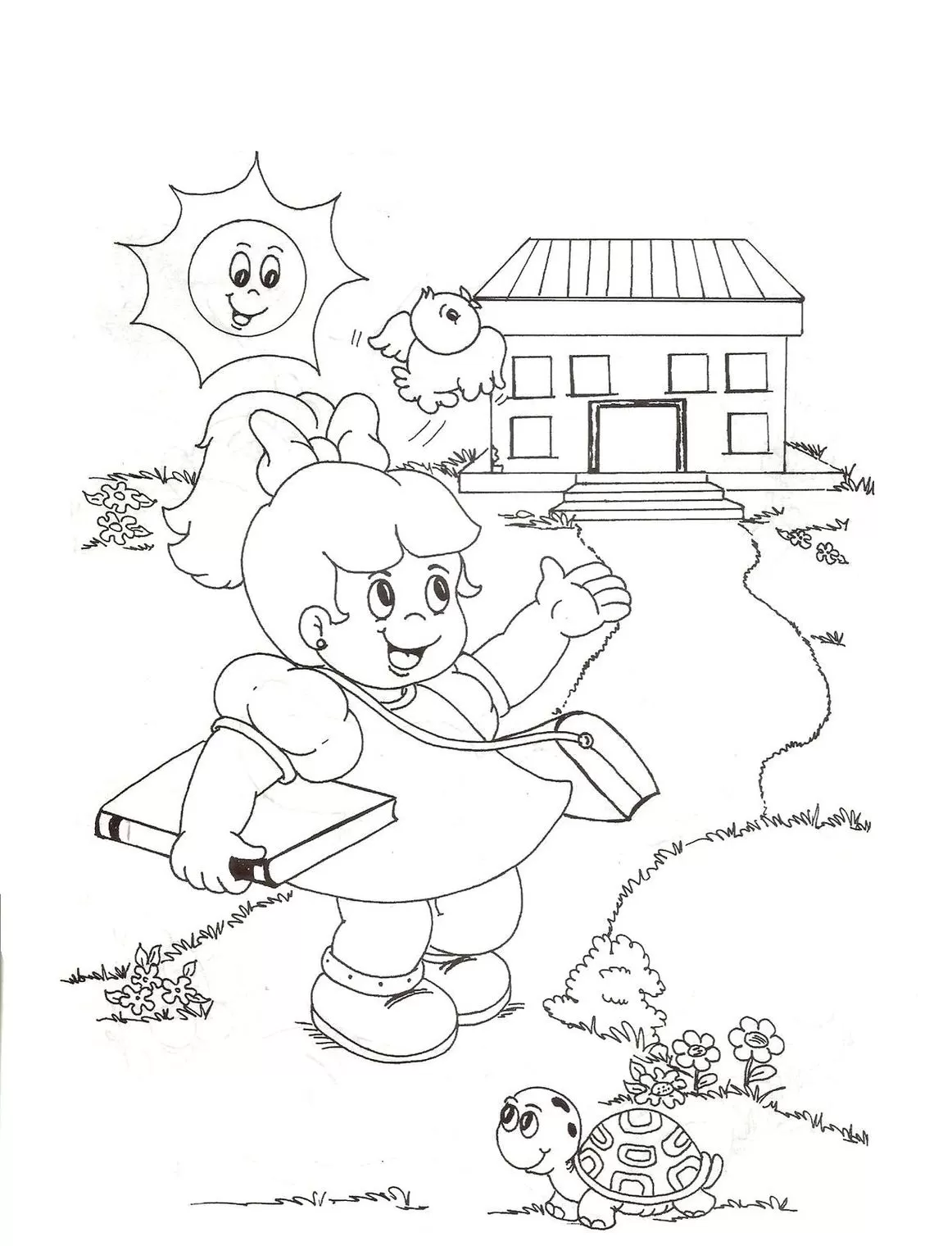 Desenho para colorir: Menina indo à escola com sol sorrindo e tartaruga feliz.