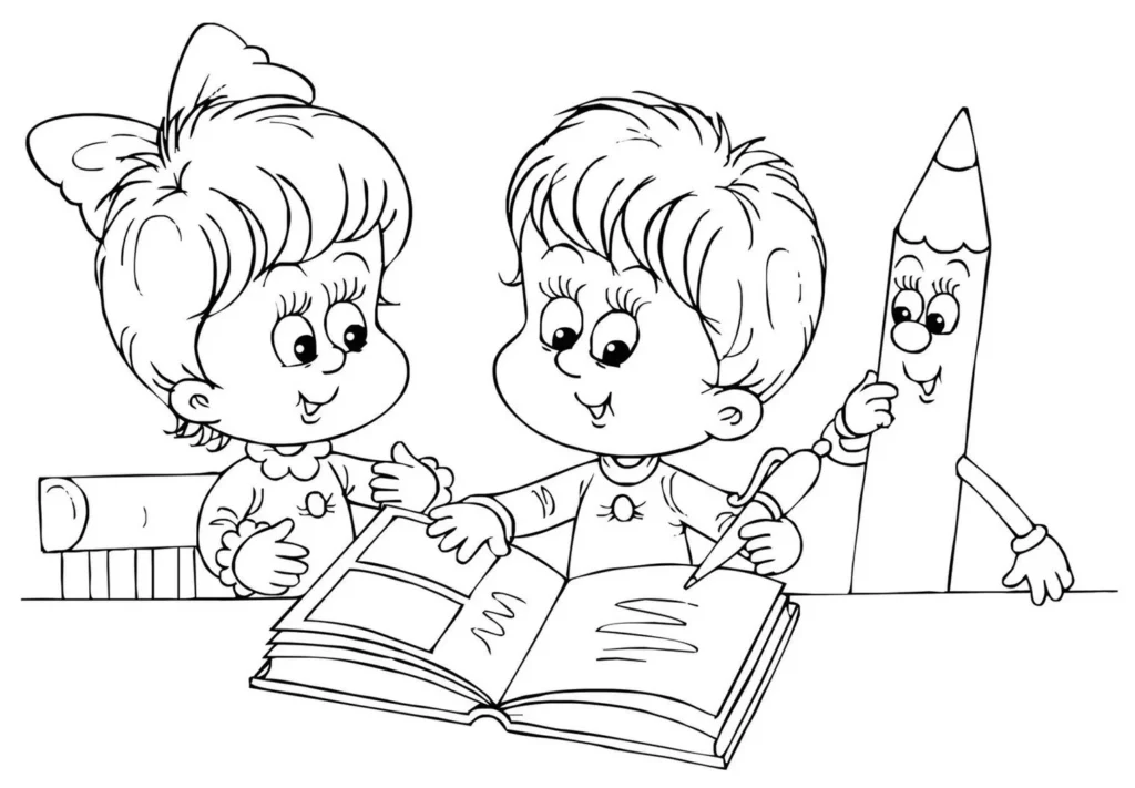 Crianças estudando com lápis animado em desenho para colorir 'Volta às Aulas'.