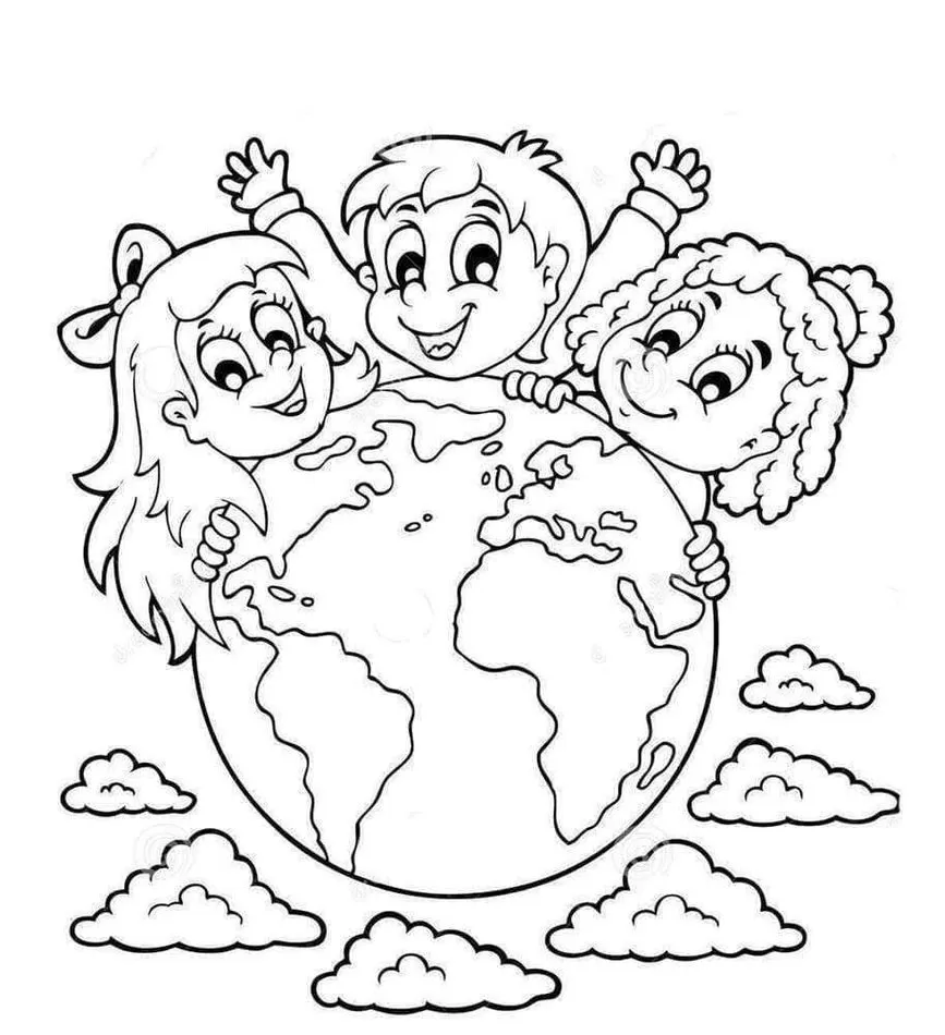 Crianças abraçando o planeta Terra: Desenho para colorir Amigos da Terra.