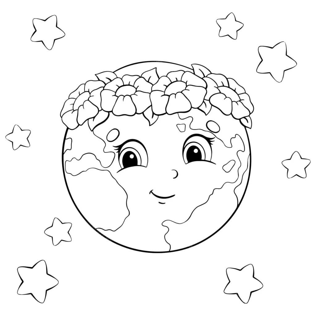 Desenhos do Planeta Terra para colorir Coroa de Flores Planeta Terra com coroa de flores para colorir, rodeado de estrelas.