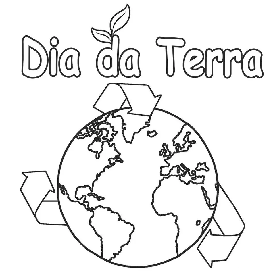 Desenhos do Planeta Terra para colorir Dia Terra Globo terrestre com símbolo de reciclagem para colorir no Dia da Terra. Desenho com a frase 'Dia da Terra' e broto de planta.