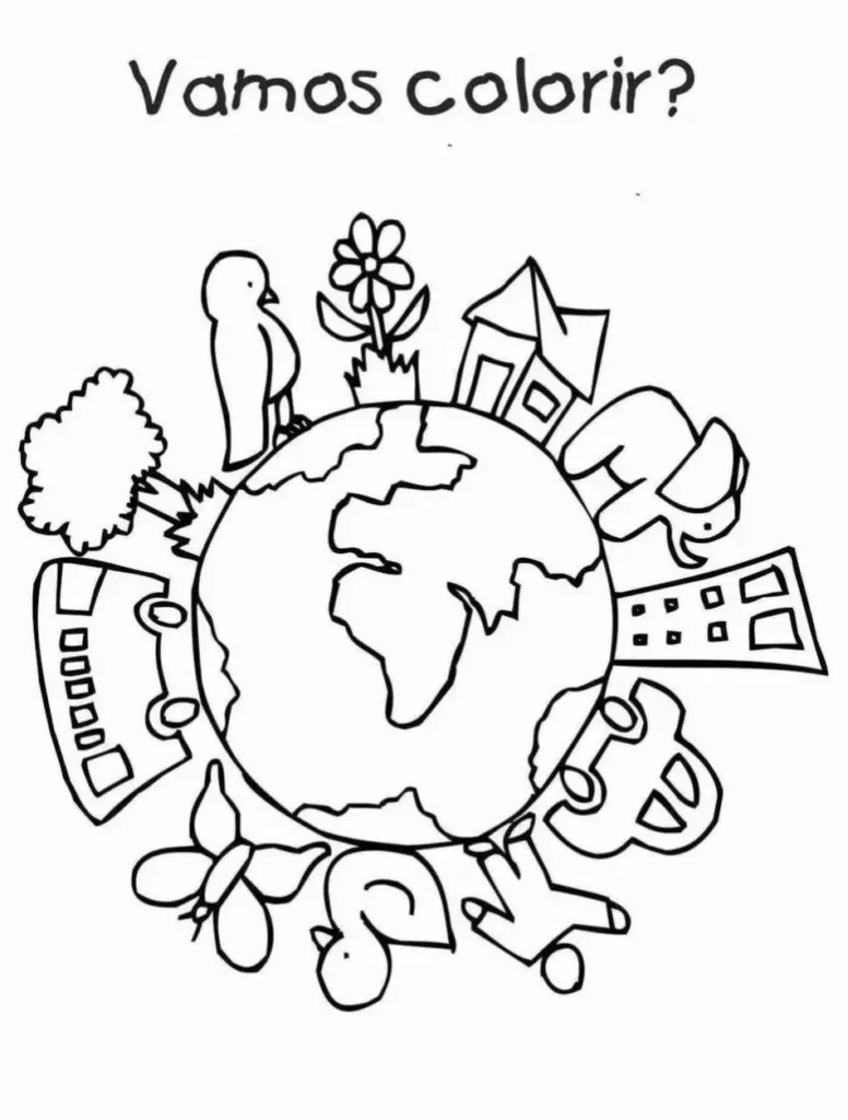 Desenhos do Planeta Terra para colorir Planeta Terra Planeta Terra para colorir: atividade com árvore, pássaro, flor, casa e meios de transporte