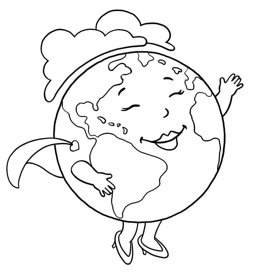 Desenhos do Planeta Terra para colorir Super Terra Planeta Terra Super Terra para colorir: desenho com rosto sorridente, nuvens, manto e sapatos.