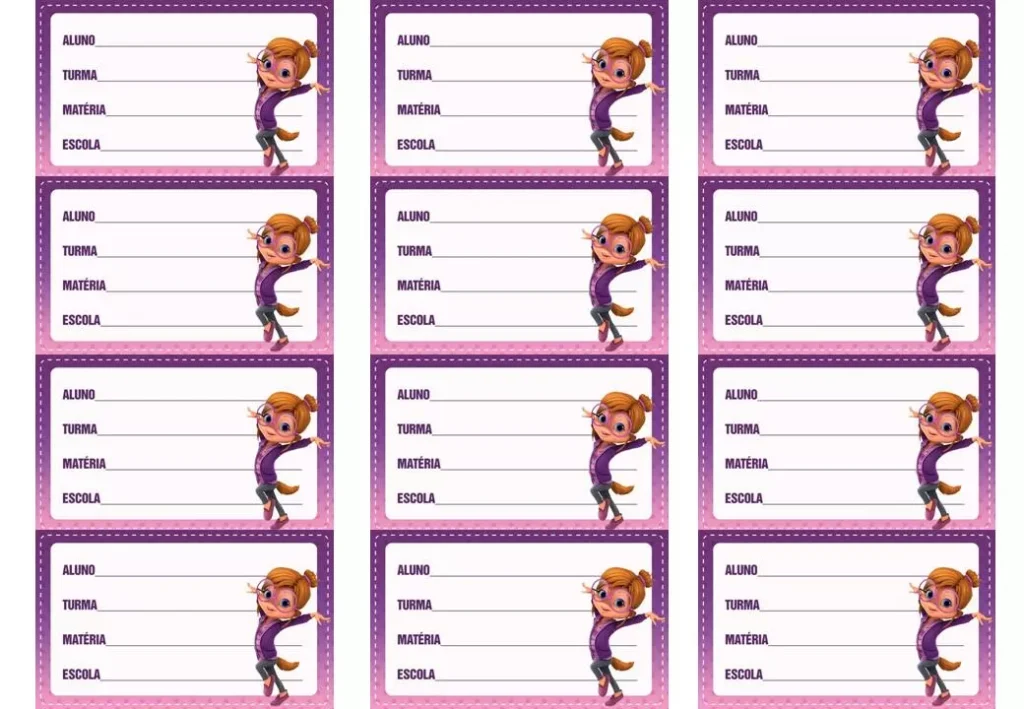 Etiqueta escolar da personagem feminina de 'Alvin e os Esquilos' para identificação de material escolar.